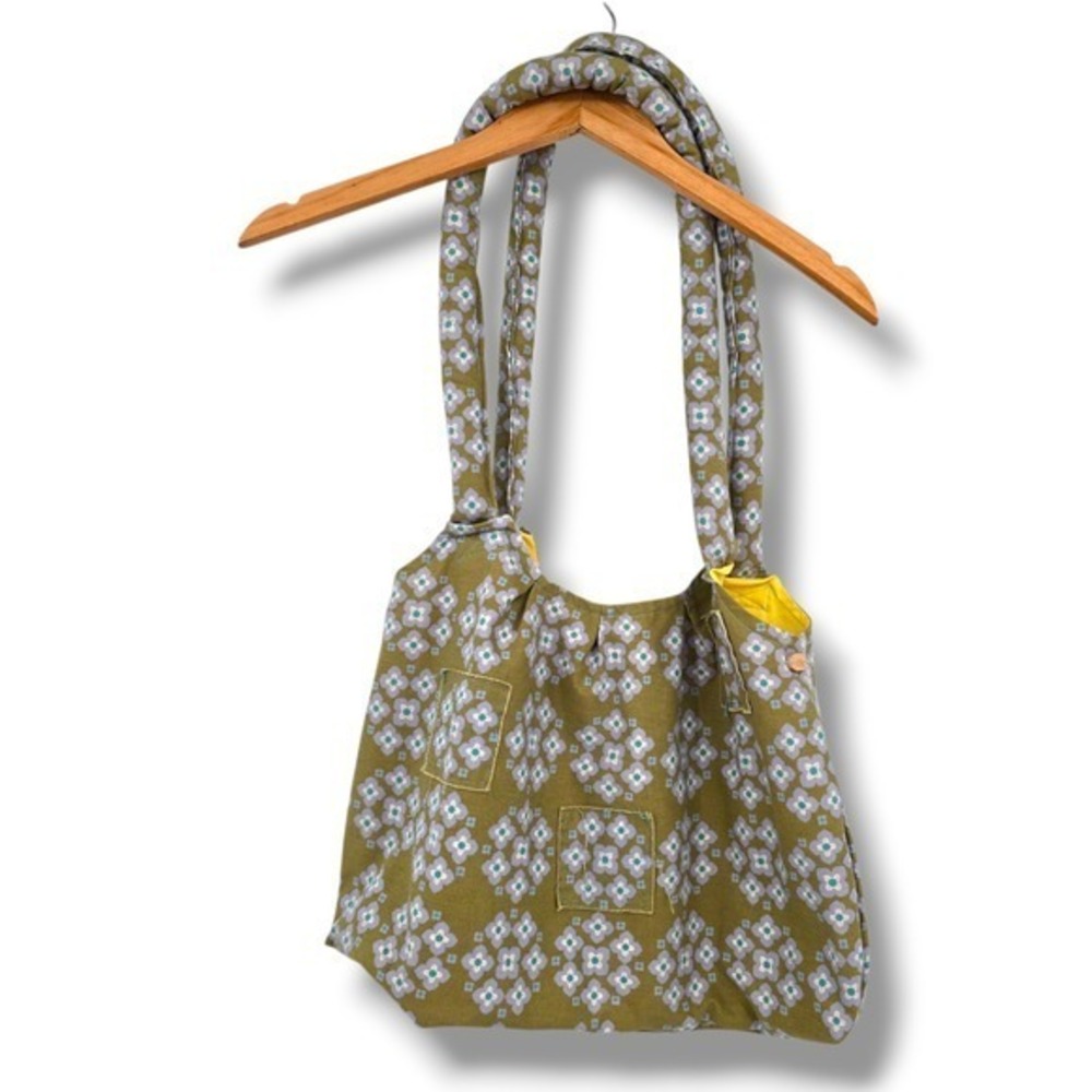 Handmade Floral Tote Bag Olive Green Yellow Accents‎ Pocket Bookbag